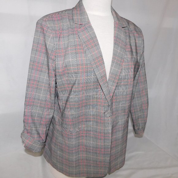Jules & Leopold Womens L Black White Red Plaid Check Blazer 3/4 Sleeve Preppy - Picture 5 of 12